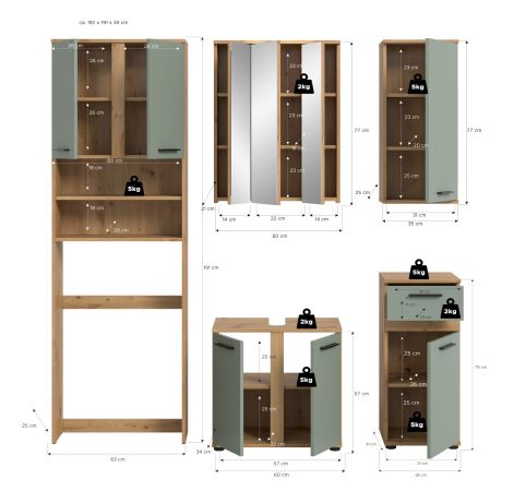 Badm�bel Set 5-teilig Bailey in Salbei und Artisan Eiche Badkombination 192 x 191 cm