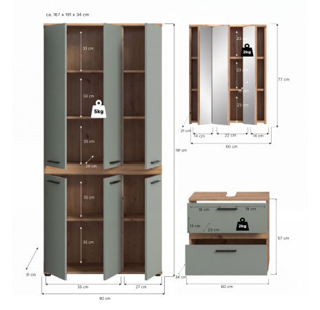Badm�bel Set 3-teilig Bailey in Salbei und Artisan Eiche Badkombination 167 x 191 cm