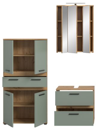 Badm�bel Set 4-teilig Bailey in Salbei und Artisan Eiche Badkombination inkl. LED 147 x 191 cm