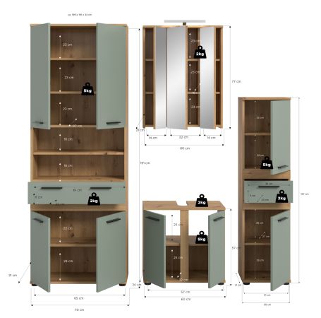 Badm�bel Set 5-teilig Bailey in Salbei und Artisan Eiche Badkombination inkl. LED 199 x 191 cm