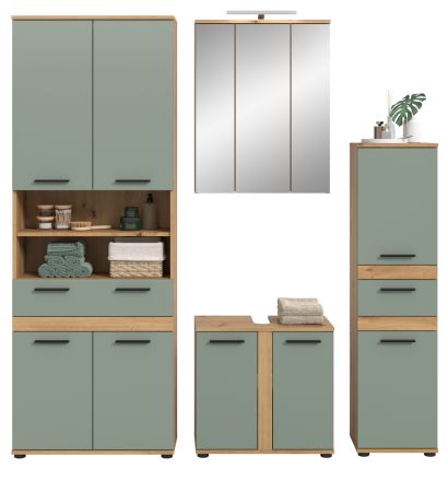 Badm�bel Set 5-teilig Bailey in Salbei und Artisan Eiche Badkombination inkl. LED 199 x 191 cm