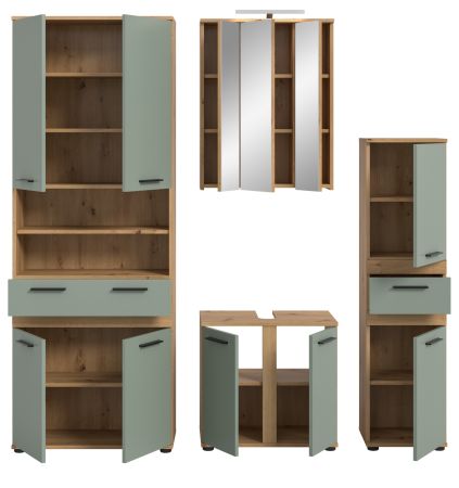 Badm�bel Set 5-teilig Bailey in Salbei und Artisan Eiche Badkombination inkl. LED 199 x 191 cm