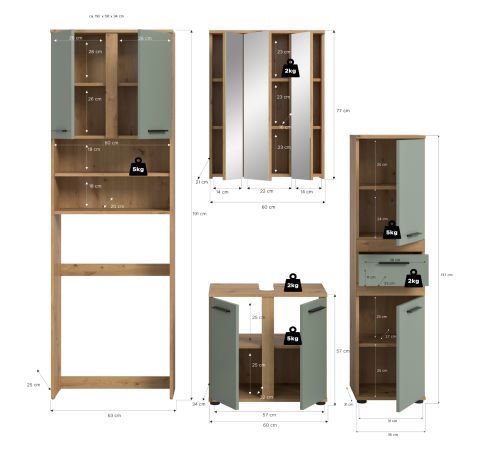 Badm�bel Set 4-teilig Bailey in Salbei und Artisan Eiche Badkombination 192 x 191 cm