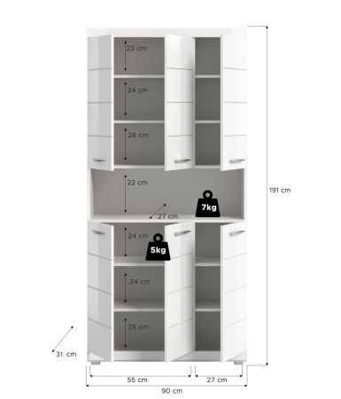 Badezimmer Hochschrank Shawn in wei� Hochglanz Badschrank 90 x 191 cm