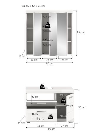 Badm�bel Set 2-teilig Shawn in wei� Hochglanz Badkombination 80 x 191 cm