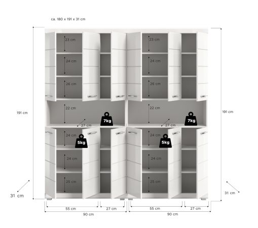 Badezimmer Hochschrank Set Shawn in wei� Hochglanz 2x Mehrzweckschrank 180 x 191 cm