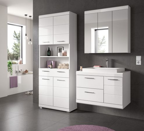 Badezimmer Hochschrank Set Shawn in wei� Hochglanz 2x Mehrzweckschrank 180 x 191 cm