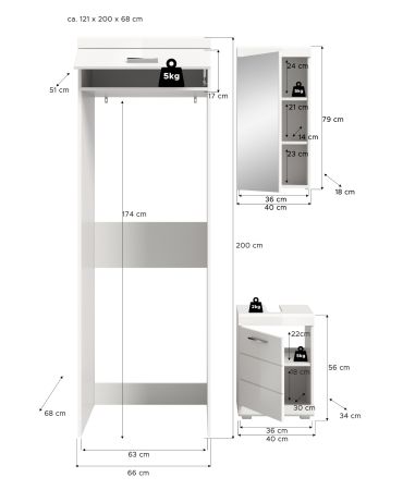 Badm�bel Set 3-teilig Shawn in wei� Hochglanz Badkombination 121 x 200 cm