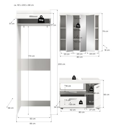 Badm�bel Set 3-teilig Shawn in wei� Hochglanz Badkombination 161 x 200 cm