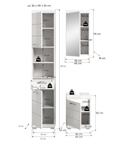 Badm�bel Set 3-teilig Shawn in wei� Hochglanz Badkombination 92 x 200 cm
