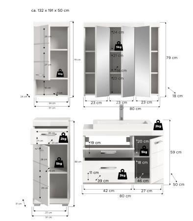 Badm�bel Set 5-teilig Shawn in wei� Hochglanz Badkombination mit Waschbecken 132 x 191 cm