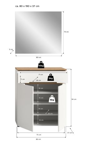Garderobe Set 2-teilig Cooper in wei� und Artisan Eiche Schuhkommode und Spiegel, Soft-Close