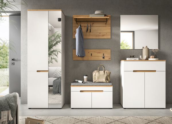 Garderobe Set 2-teilig Cooper in wei� und Artisan Eiche Schuhkommode und Spiegel, Soft-Close