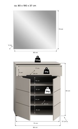 Garderobe Set 2-teilig Cooper in Kaschmir Schuhkommode und Spiegel, Soft-Close