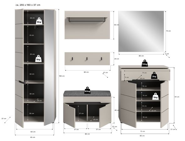 Garderobe Set 7-teilig Cooper in Kaschmir, Komplett-Set mit Sitzkissen und Soft-Close