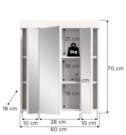 Badezimmer Spiegelschrank Gusto in wei� matt Badschrank 3-t�rig 60 x 70 cm