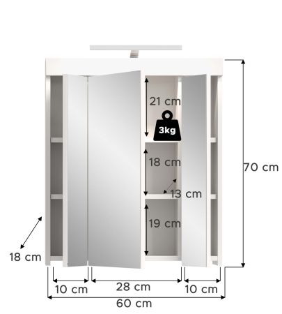Badezimmer Spiegelschrank Gusto in wei� matt Badschrank 3-t�rig inkl. LED 60 x 70 cm