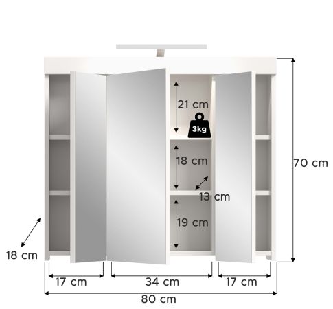 Badezimmer Spiegelschrank Gusto in wei� matt Badschrank 3-t�rig inkl. LED 80 x 70 cm