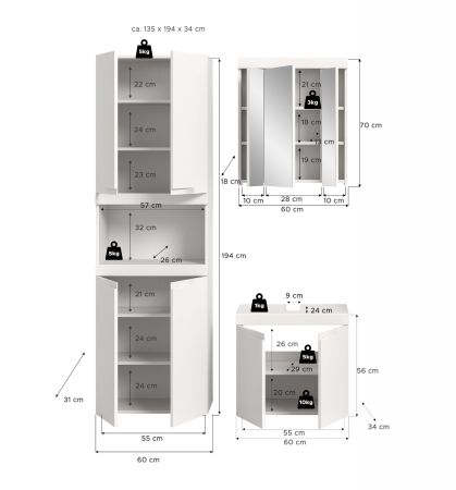 Badm�bel Set 3-teilig Gusto in wei� matt Badkombination 135 x 194 cm