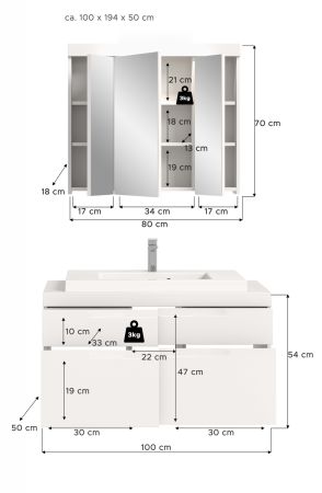 Badm�bel Set 3-teilig Gusto in wei� matt Badkombination mit Waschbecken 100 x 194 cm