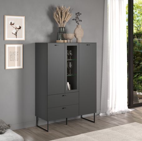 Highboard Nuvola in grau und Eiche Evoke, Wohn- und Esszimmer Vitrinenschrank 100 x 140 cm