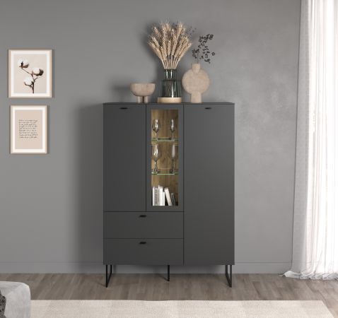 Highboard Nuvola in grau und Eiche Evoke, Wohn- und Esszimmer Vitrinenschrank 100 x 140 cm