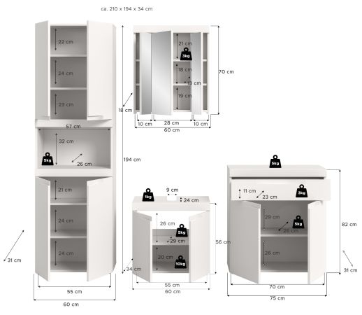 Badm�bel Set 4-teilig Gusto in wei� matt Badkombination 210 x 194 cm