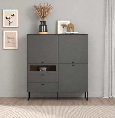 Highboard Nuvola in grau und Eiche Evoke, Wohn- und Esszimmer Vitrinenschrank 122 x 140 cm