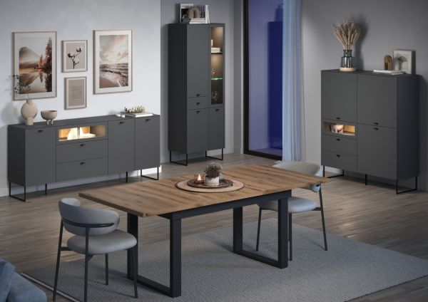 Highboard Nuvola in grau und Eiche Evoke, Wohn- und Esszimmer Vitrinenschrank 122 x 140 cm