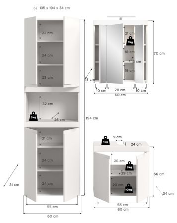 Badm�bel Set 4-teilig Gusto in wei� matt Badkombination inkl. LED 135 x 194 cm