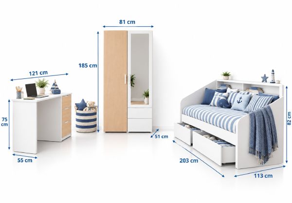 Parisot Kinder- und Jugendzimmer Sleep25 in wei� und Eiche Komplett-Set 3-teilig mit Stauraumbett, Kleiderschrank und Schreibtisch