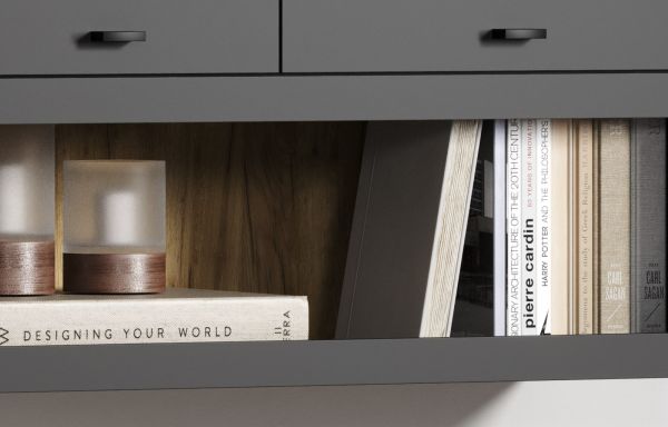 Wohnwand Nuvola in grau und Eiche Evoke Wohnkombination 4-teilig 305 x 208 cm
