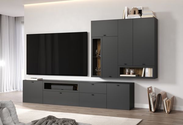 Wohnwand Nuvola in grau und Eiche Evoke Wohnkombination 4-teilig 305 x 208 cm