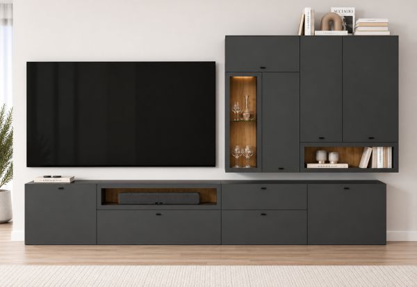 Wohnwand Nuvola in grau und Eiche Evoke Wohnkombination 4-teilig 305 x 208 cm
