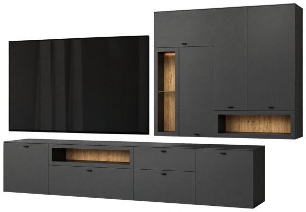 Wohnwand Nuvola in grau und Eiche Evoke Wohnkombination 4-teilig 305 x 208 cm