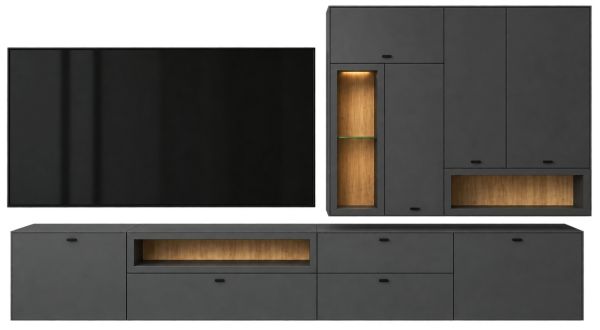 Wohnwand Nuvola in grau und Eiche Evoke Wohnkombination 4-teilig 305 x 208 cm
