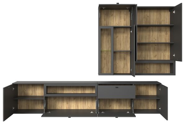 Wohnwand Nuvola in grau und Eiche Evoke Wohnkombination 4-teilig 305 x 208 cm