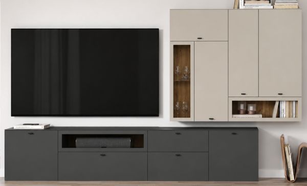 Wohnwand Nuvola in grau und Kaschmir Wohnkombination 4-teilig 305 x 208 cm