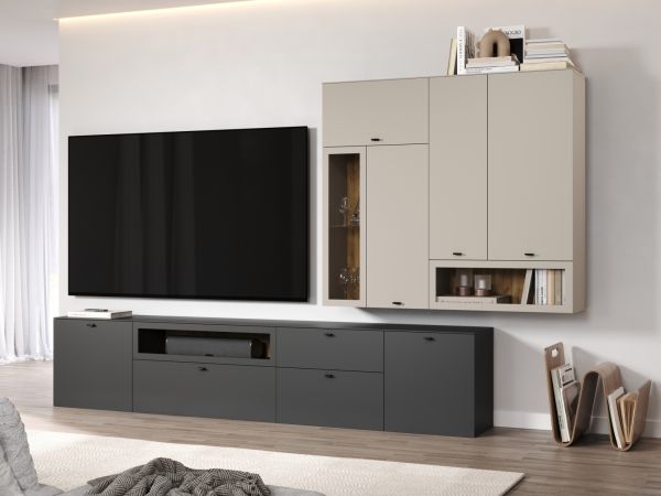 Wohnwand Nuvola in grau und Kaschmir Wohnkombination 4-teilig 305 x 208 cm