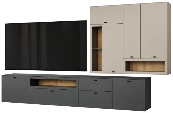 Wohnwand Nuvola in grau und Kaschmir Wohnkombination 4-teilig 305 x 208 cm