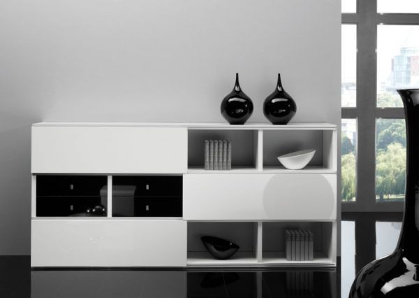 Büro / Homeoffice Sideboard "MDor" in weiß und schwarz Hochglanz 241 x 113 cm