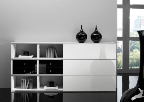 Büro / Homeoffice Sideboard "MDor" in weiß und schwarz Hochglanz 241 x 113 cm