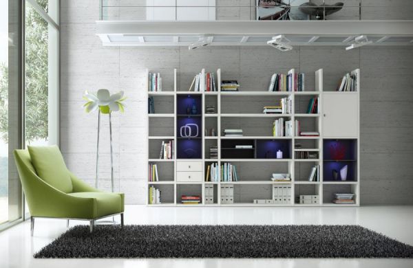 Bücherwand MDor Dekor Lack weiß matt LED-Beleuchtung Breite 420 cm