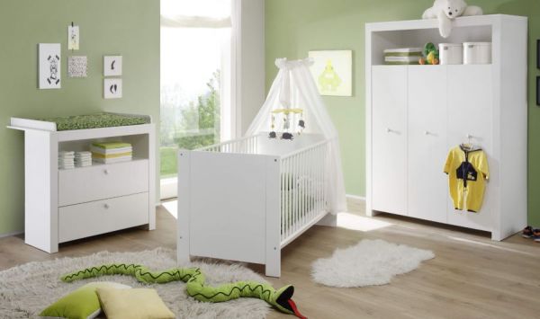 Babyzimmer Olivia in weiß komplett Set 3-teilig mit Wickelkommode Kleiderschrank und Babybett