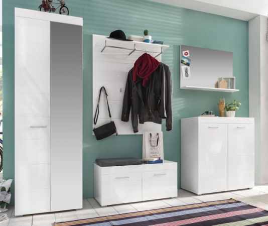 Garderobe Amanda 5-teilig wei Hochglanz mit Sitzbank 264 x 195 cm