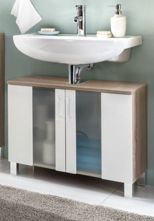 Badezimmer Waschbeckenunterschrank "Porto" in weiß und Eiche sägerau hell Badschrank mit Glastüren 65 x 54 cm