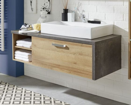 Waschbeckenunterschrank Bay Eiche Riviera Honig und grau Beton Design Waschtisch 123 cm