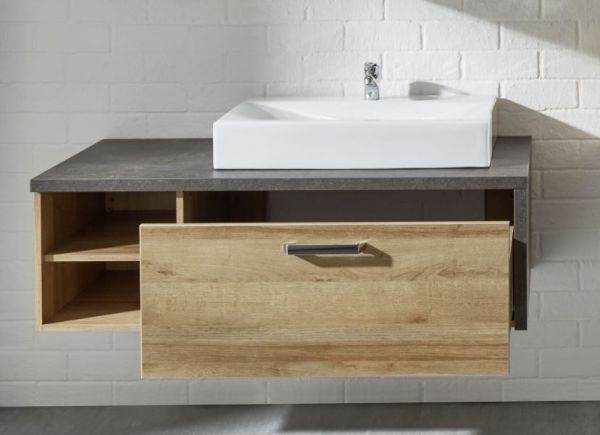 Waschtisch Set Waschbeckenunterschrank mit Waschbecken Eiche und Beton Design Bay 123 cm