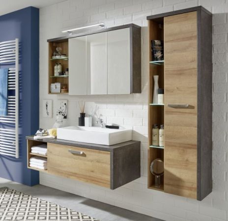Waschtisch Set Waschbeckenunterschrank mit Waschbecken Eiche und Beton Design Bay 123 cm