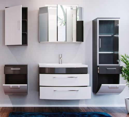 Badezimmer Badmöbel Set "Rima" in anthrazit und weiß Hochglanz 7-teilig inkl. Waschbecken und LED 192 x 190 cm